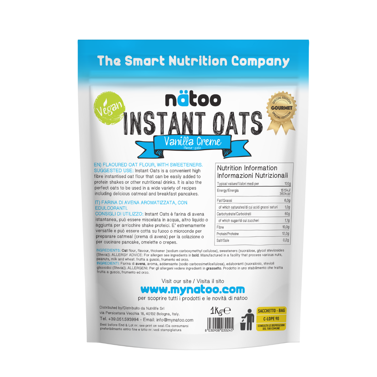Etichetta posteriore Nätoo Instant Oats gusto Vanilla Creme 1kg con tabella nutrizionale (372kcal, 12g proteine, 9,7g fibre per 100g), ingredienti e modalità d'uso