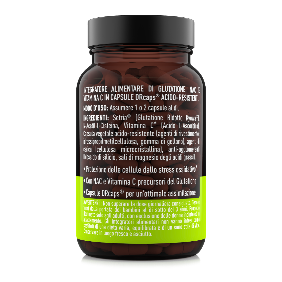 Etichetta laterale destra Nätoo Glutatione Complex con ingredienti, modo d'uso e capsule DRcaps® acido-resistenti per ottimale assimilazione