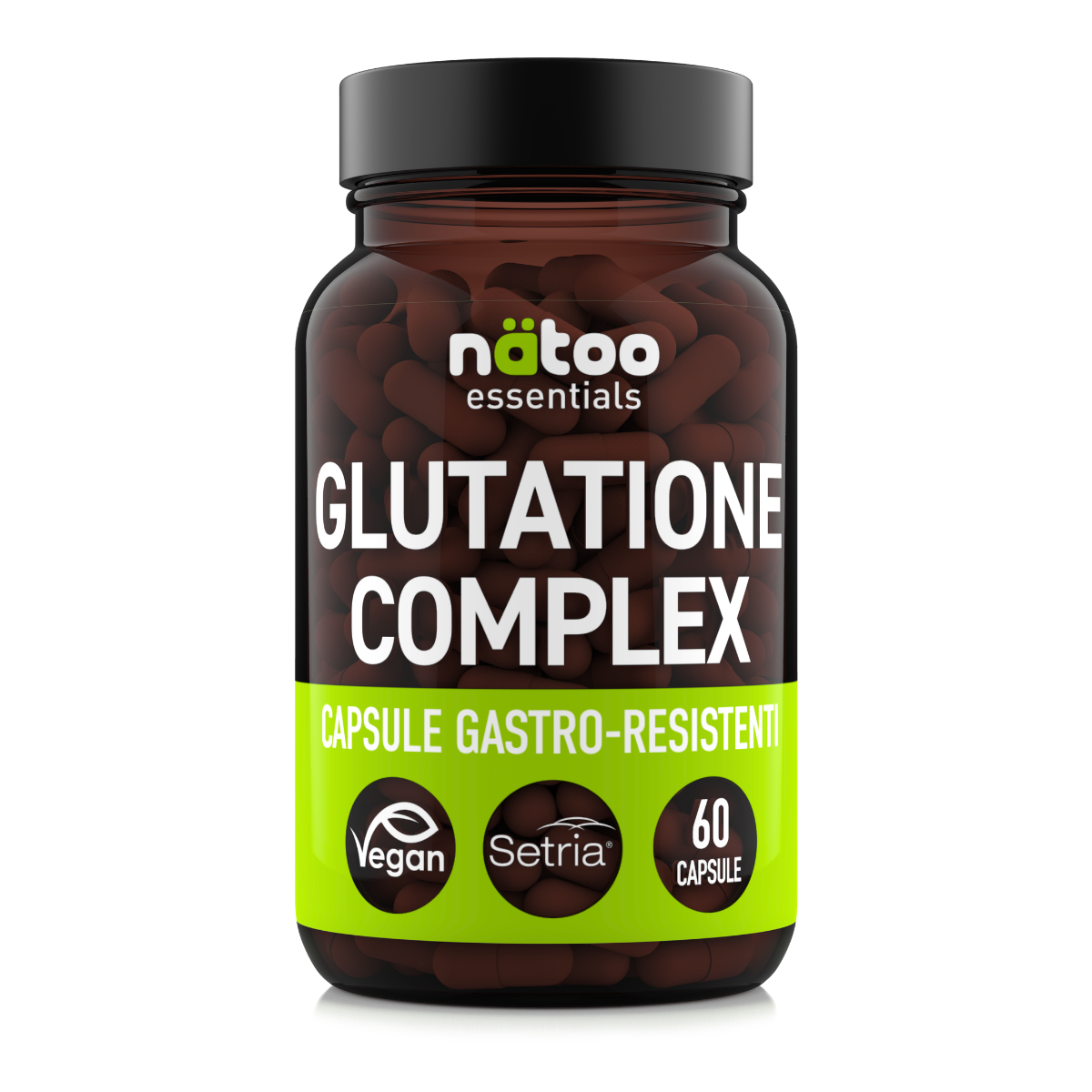 Barattolo in vetro Nätoo Glutatione Complex Essentials – Setria® Glutatione 250mg, NAC 250mg, Vitamina C 160mg, 60 capsule vegane DRcaps® gastro-resistenti, vista frontale