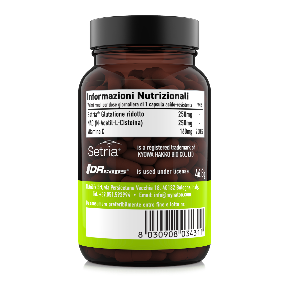 Etichetta laterale sinistra Nätoo Glutatione Complex con tabella nutrizionale: Setria® Glutatione ridotto, NAC e Vitamina C 200% VNR, marchi Kyowa e DRcaps®