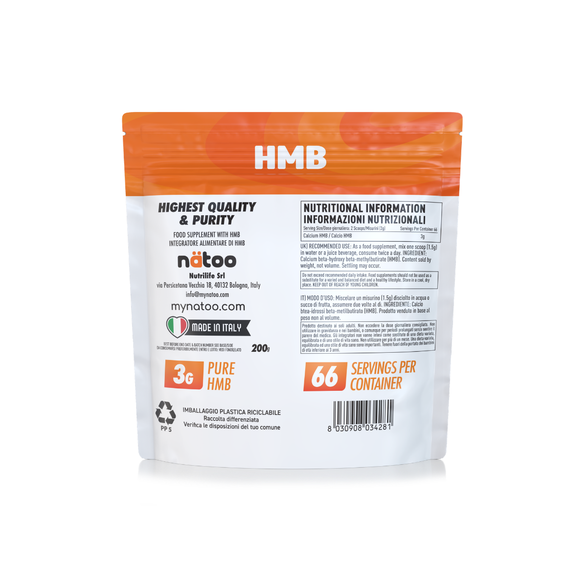 Retro busta Nätoo HMB 200g con tabella nutrizionale: 3g di Calcio HMB per dose giornaliera (2 misurini), 66 giorni di integrazione, ingrediente e modo d'uso