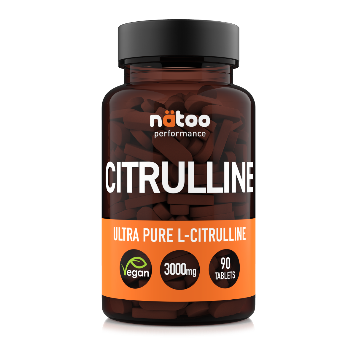 Barattolo in vetro Nätoo Citrulline Ultra Pure L-Citrullina 3000mg – 90 compresse vegane Made in Italy, vista frontale