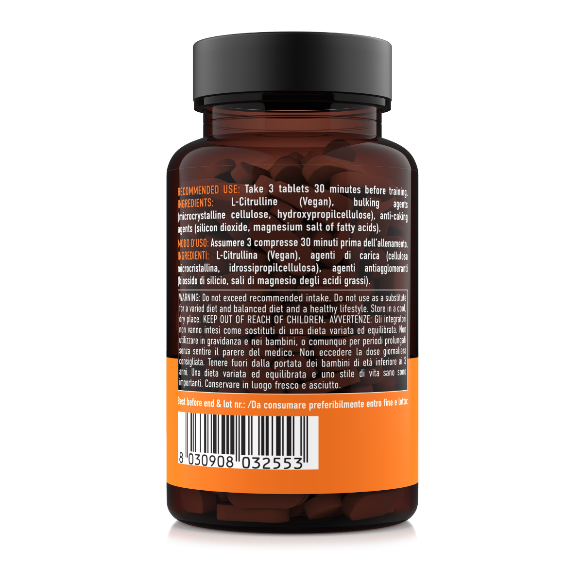 Etichetta laterale destra Nätoo Citrullina 90 compresse con ingredienti, modo d'uso e avvertenze – integratore aminoacido in compresse vegane