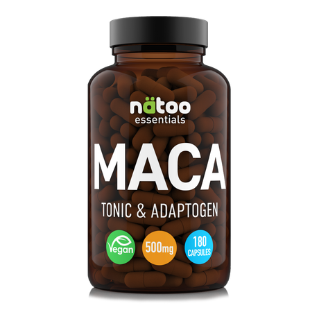 Barattolo da 180 capsule di Natoo Maca Essentials, integratore di Maca in capsule vegetali per energia e resistenza
