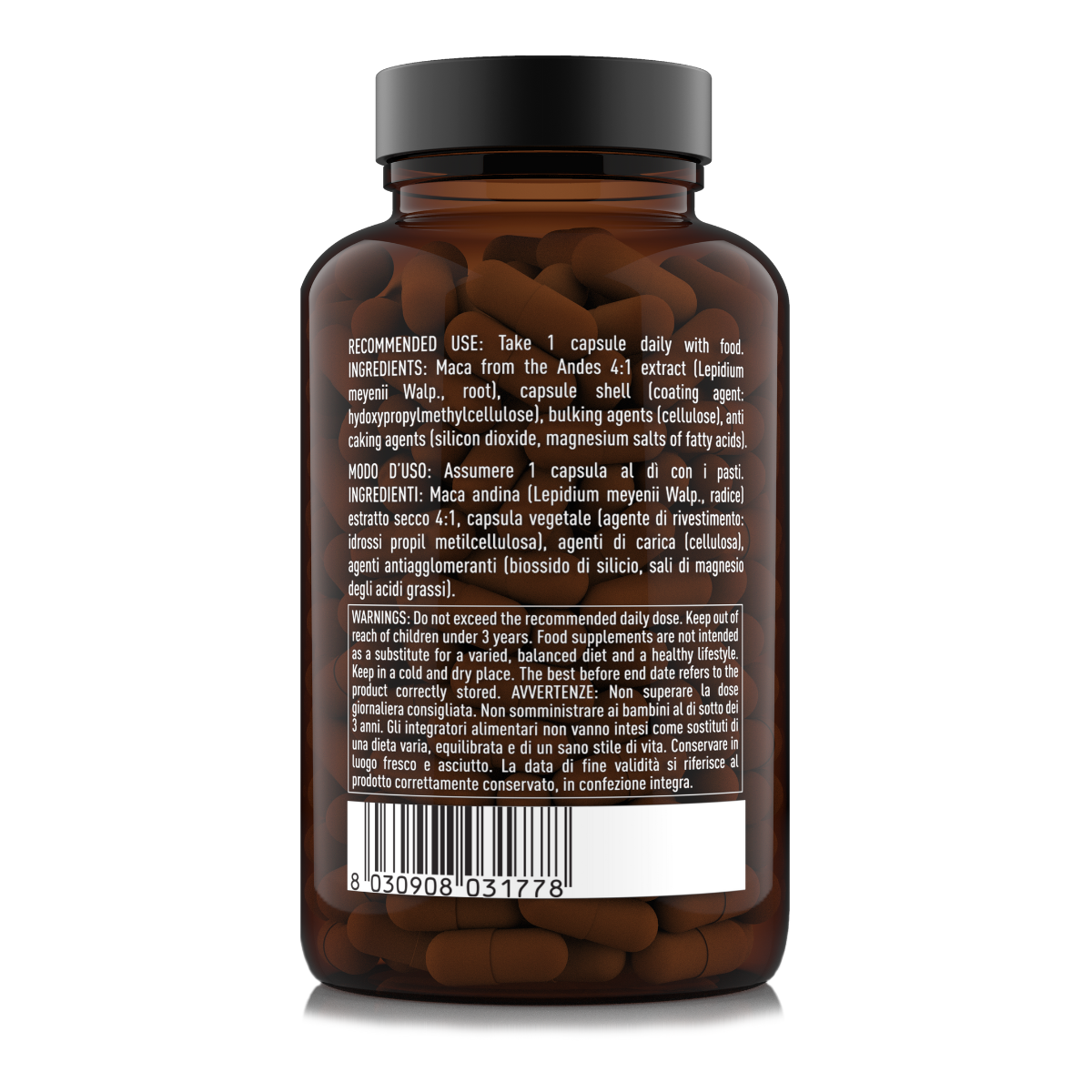 Etichetta posteriore 180 capsule Natoo Maca Essentials con ingredienti, modo d’uso e avvertenze