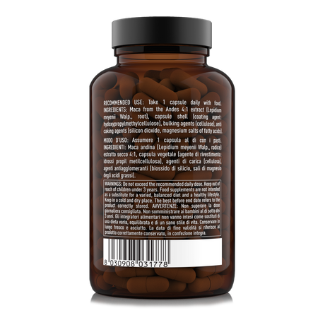 Etichetta posteriore 180 capsule Natoo Maca Essentials con ingredienti, modo d’uso e avvertenze