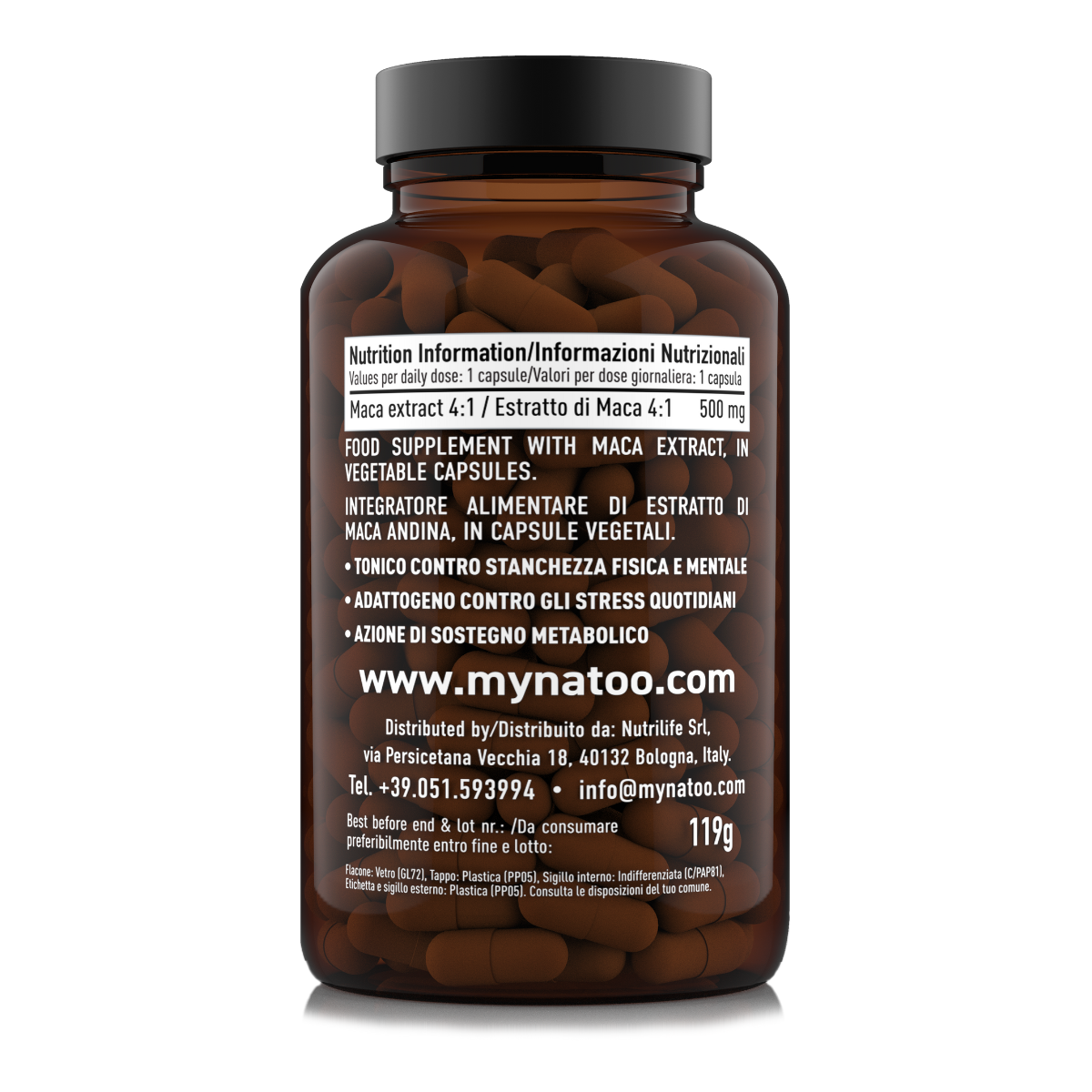 Etichetta posteriore 180 capsule Natoo Maca Essentials con tabella nutrizionale e benefici tonico-adattogeni della Maca