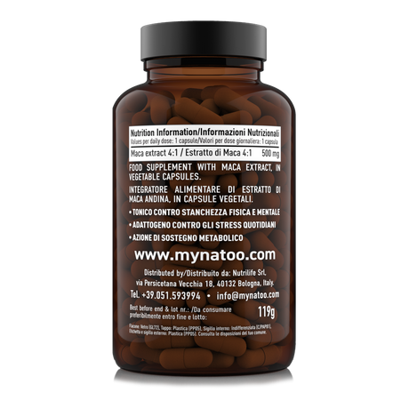 Etichetta posteriore 180 capsule Natoo Maca Essentials con tabella nutrizionale e benefici tonico-adattogeni della Maca