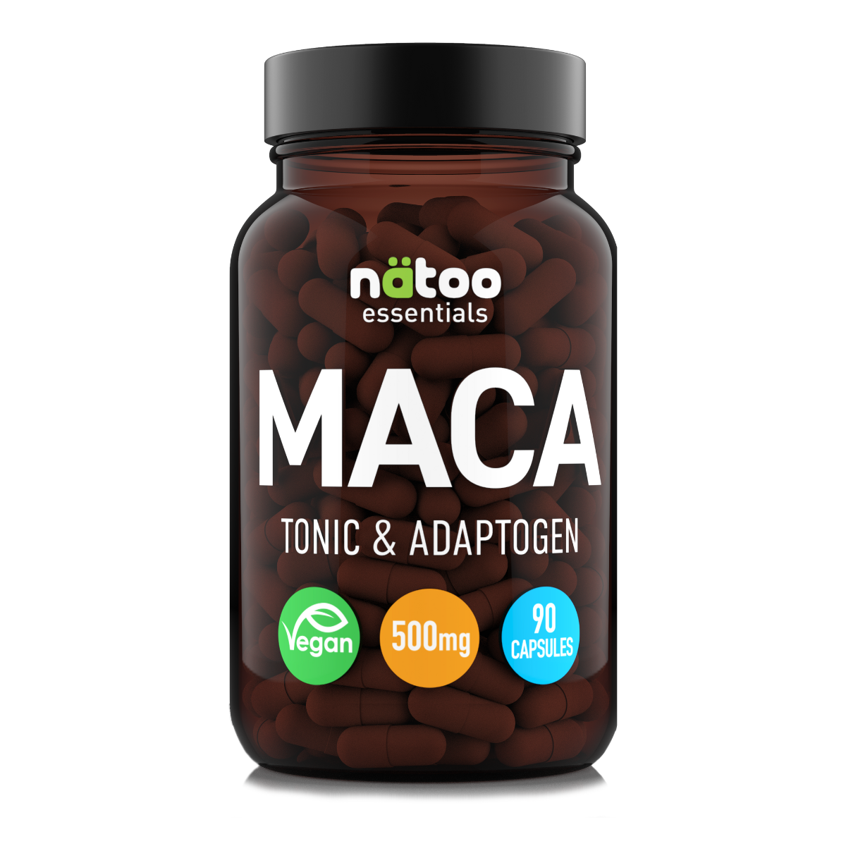 Barattolo da 90 capsule di Natoo Maca Essentials, integratore di Maca in capsule vegetali per energia e vitalità naturale