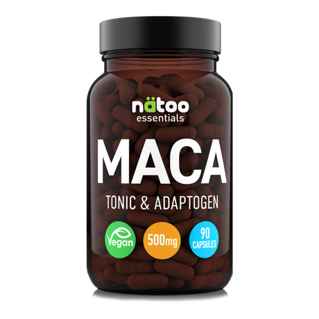 Barattolo da 90 capsule di Natoo Maca Essentials, integratore di Maca in capsule vegetali per energia e vitalità naturale