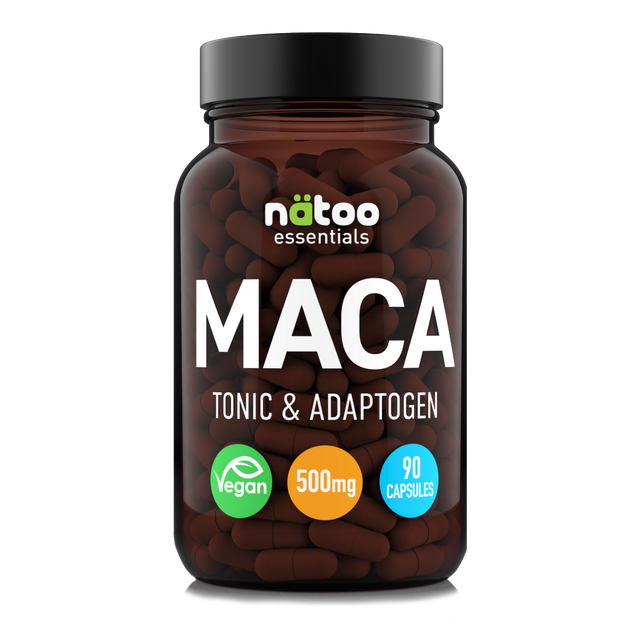 Barattolo da 90 capsule di Natoo Maca Essentials, integratore di Maca in capsule vegetali per energia e vitalità naturale