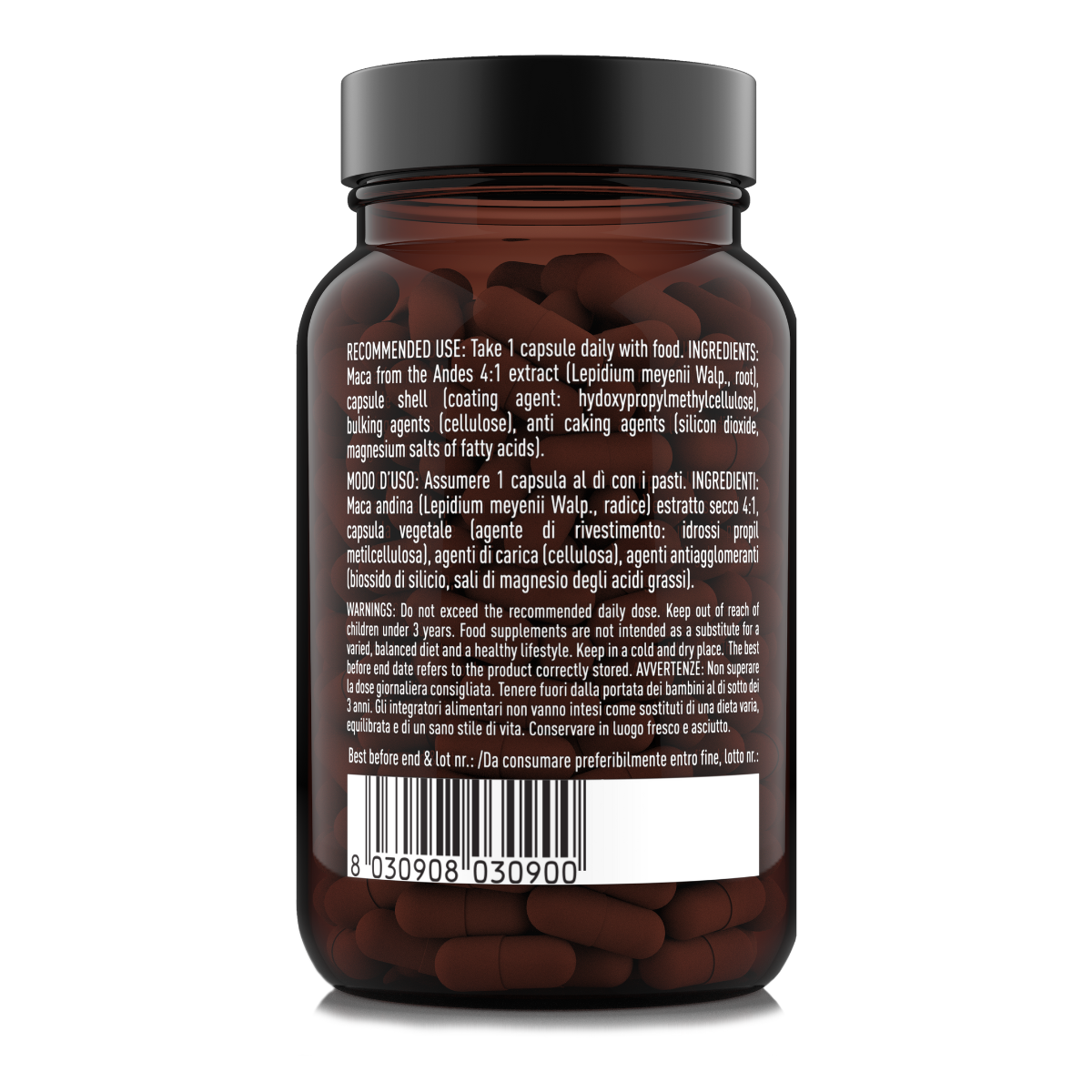 Etichetta posteriore 90 capsule Natoo Maca Essentials con ingredienti, modo d’uso e avvertenze