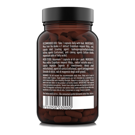 Etichetta posteriore 90 capsule Natoo Maca Essentials con ingredienti, modo d’uso e avvertenze