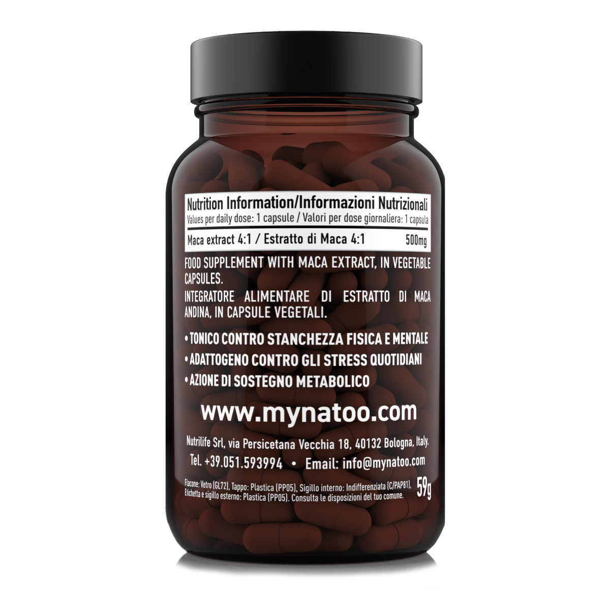 Etichetta posteriore 90 capsule Natoo Maca Essentials con tabella nutrizionale e benefici tonico-adattogeni della Maca