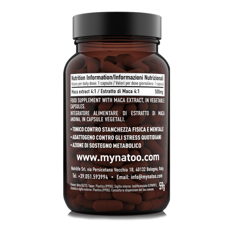 Etichetta posteriore 90 capsule Natoo Maca Essentials con tabella nutrizionale e benefici tonico-adattogeni della Maca