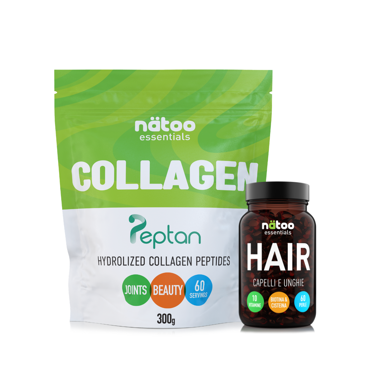 Collagene & Hair Pack Nätoo con Collagene Peptan 300 g in busta e Hair 60 perle