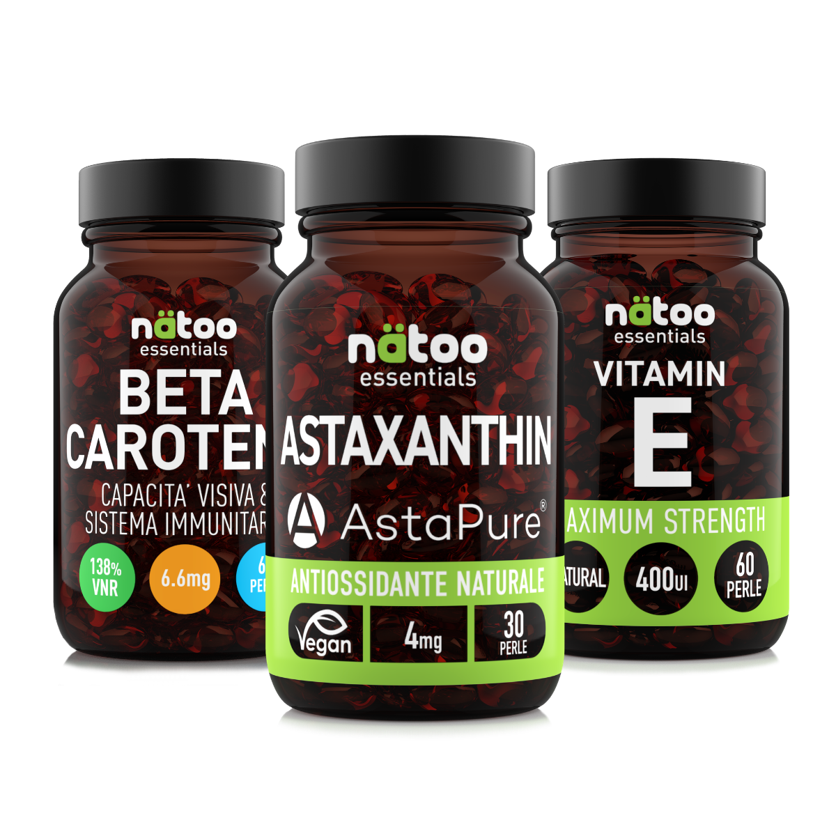 Bundle Nätoo Skin Summer Pack – tre barattoli di Beta Carotene, Astaxantina AstaPure® e Vitamina E 400UI, integratori antiossidanti per la protezione cutanea estiva
