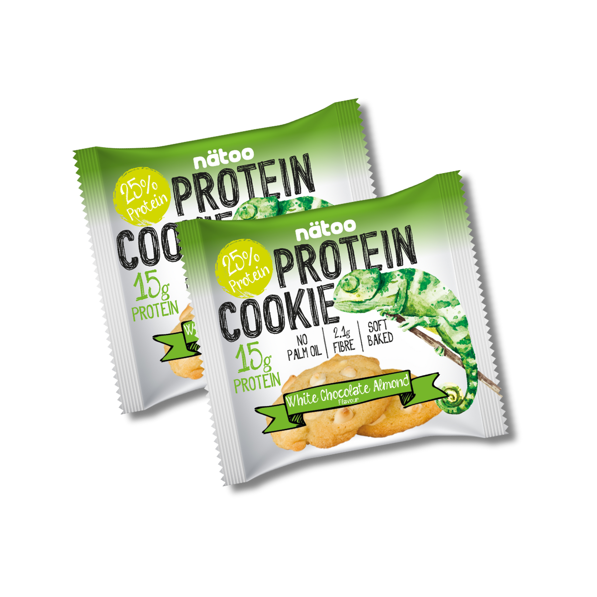 Protein Cookie Nätoo gusto White Chocolate & Almond Duo Pack – biscotti proteici con 25% di proteine, cioccolato bianco e mandorle, senza olio di palma
