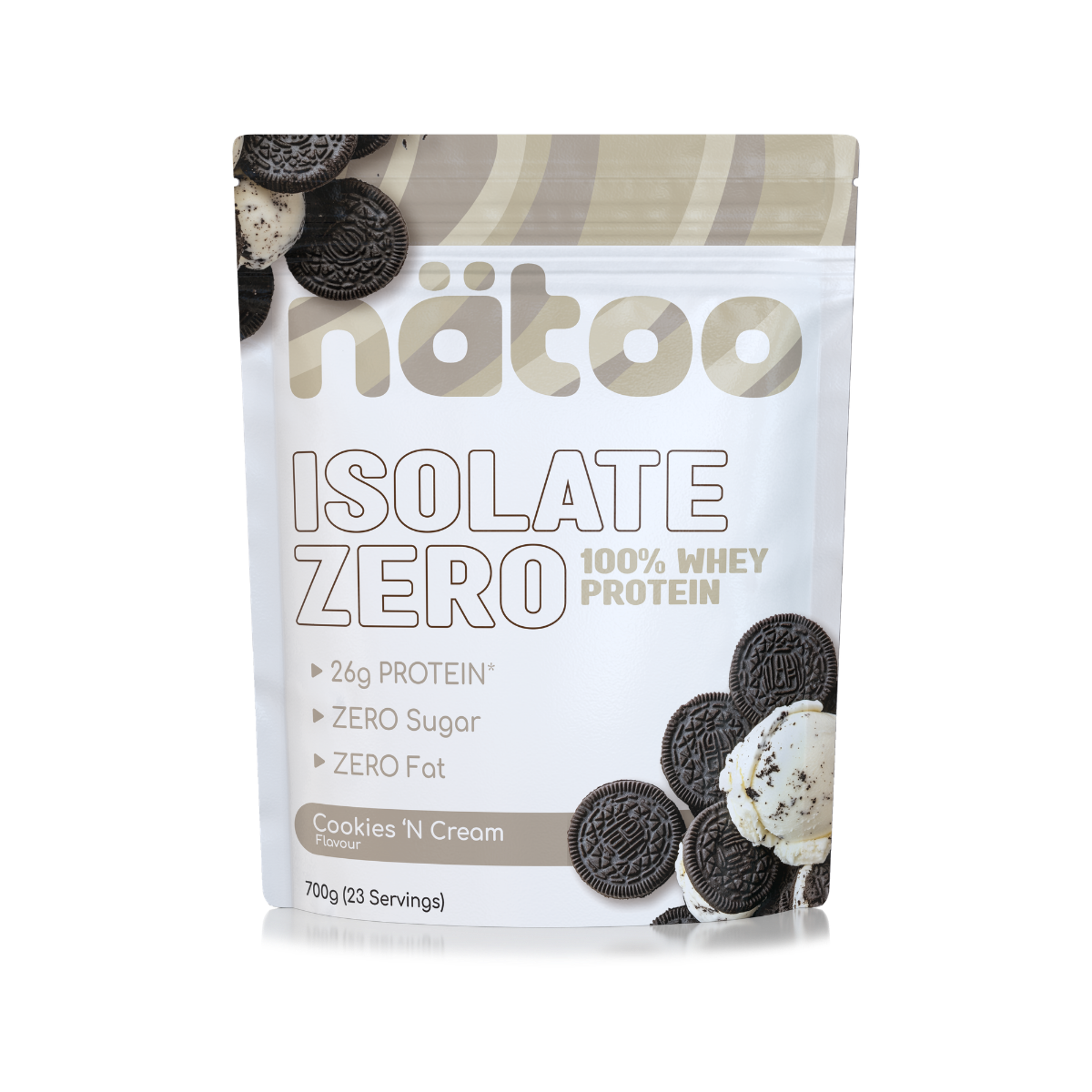 Proteine Whey Isolate Natoo gusto Cookies 26g proteine per porzione zero zuccheri zero grassi confezione da 700g vista frontale