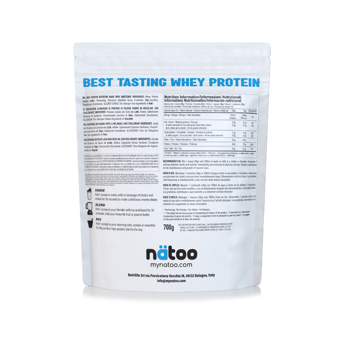 Proteine Whey Isolate Natoo gusto Vaniglia valori nutrizionali e ingredienti confezione da 700g vista posteriore