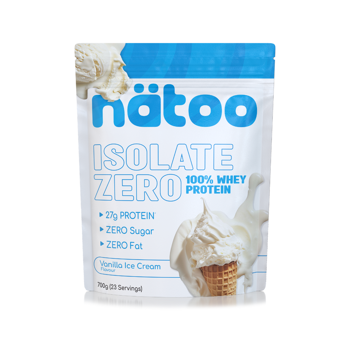 Proteine Whey Isolate Natoo gusto Vaniglia 26g proteine per porzione zero zuccheri zero grassi confezione da 700g vista frontale