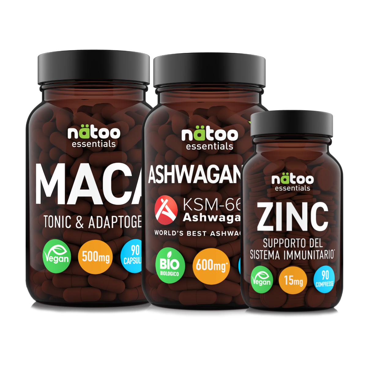 Testo Pack Nätoo, integratore per il testosterone dell'uomo: Zinco 90 compresse, Maca 90 capsule, Ashwagandha KSM-66® BIO