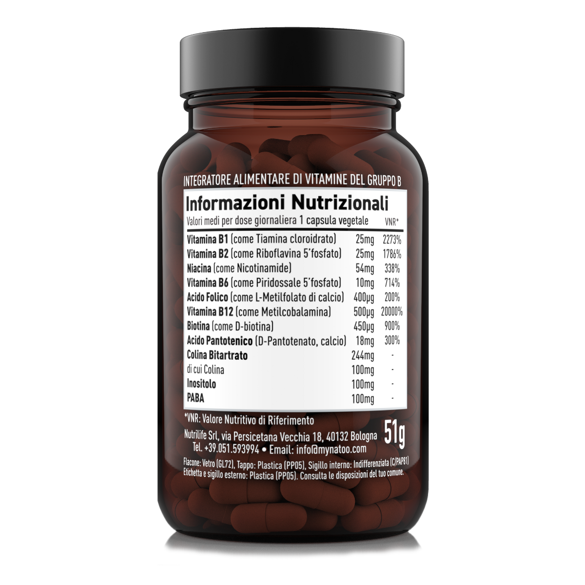 Tabella nutrizionale di Vitamina B Strong Natoo con vitamine del gruppo B in forma bioattiva