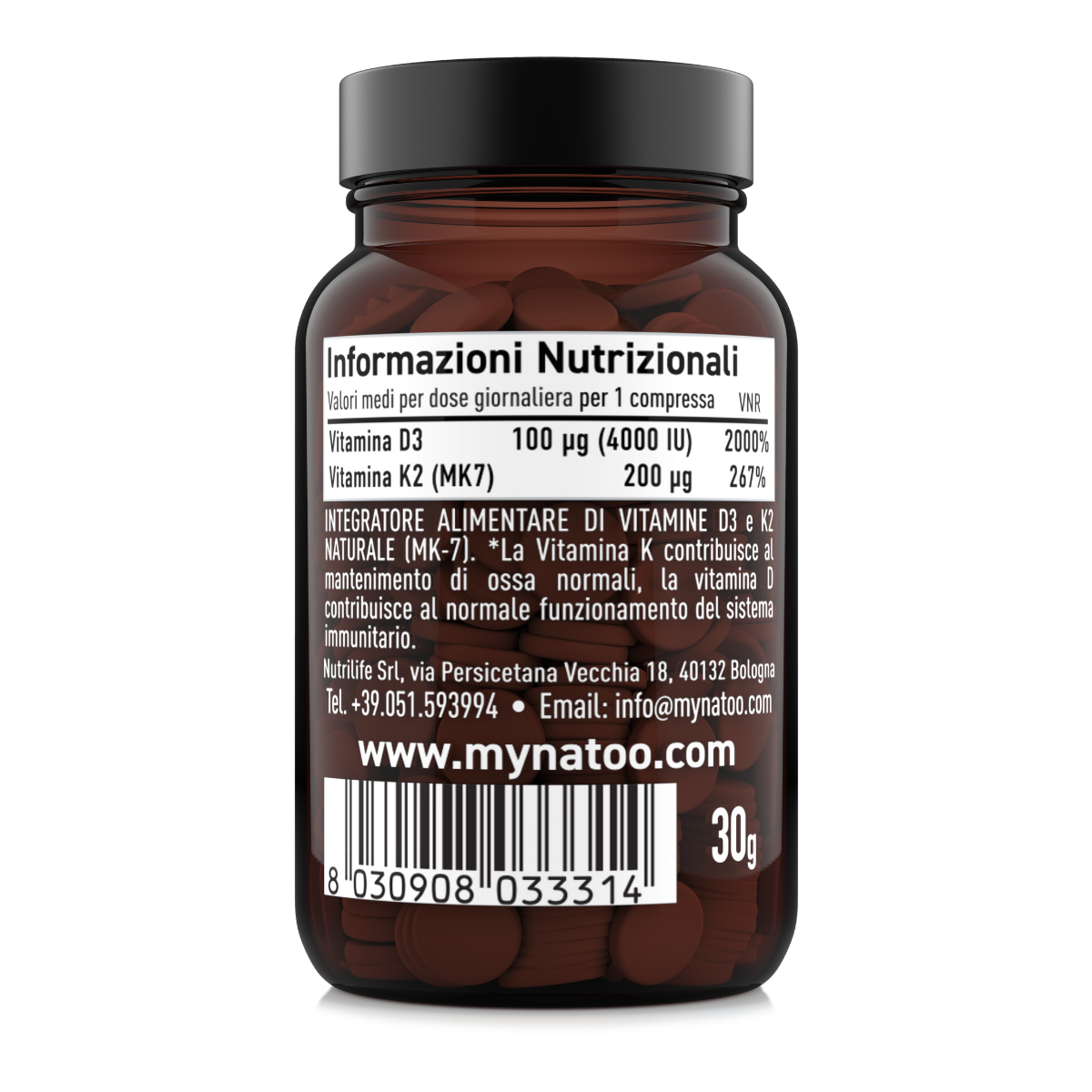 Retro del barattolo di Vitamina D3 + K2 Natoo con tabella nutrizionale