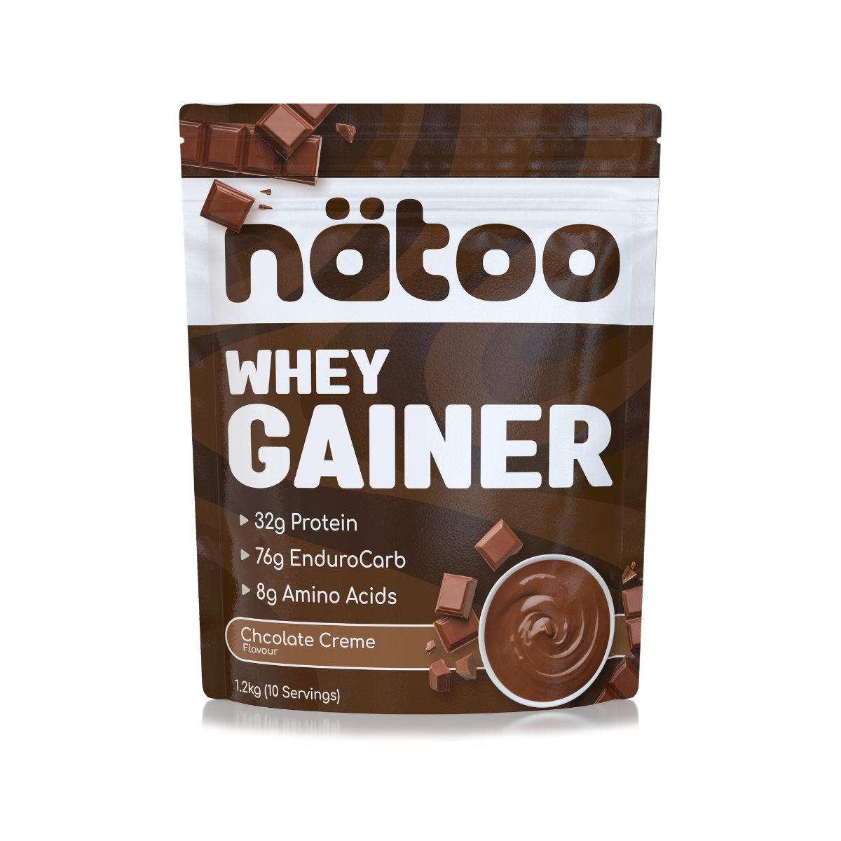 Whey Gainer Natoo gusto Chocolate Creme mass gainer con proteine whey e carboidrati confezione frontale