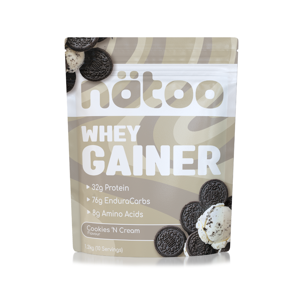 Whey Gainer Natoo gusto Cookies and Cream mass gainer con proteine whey e carboidrati confezione frontale
