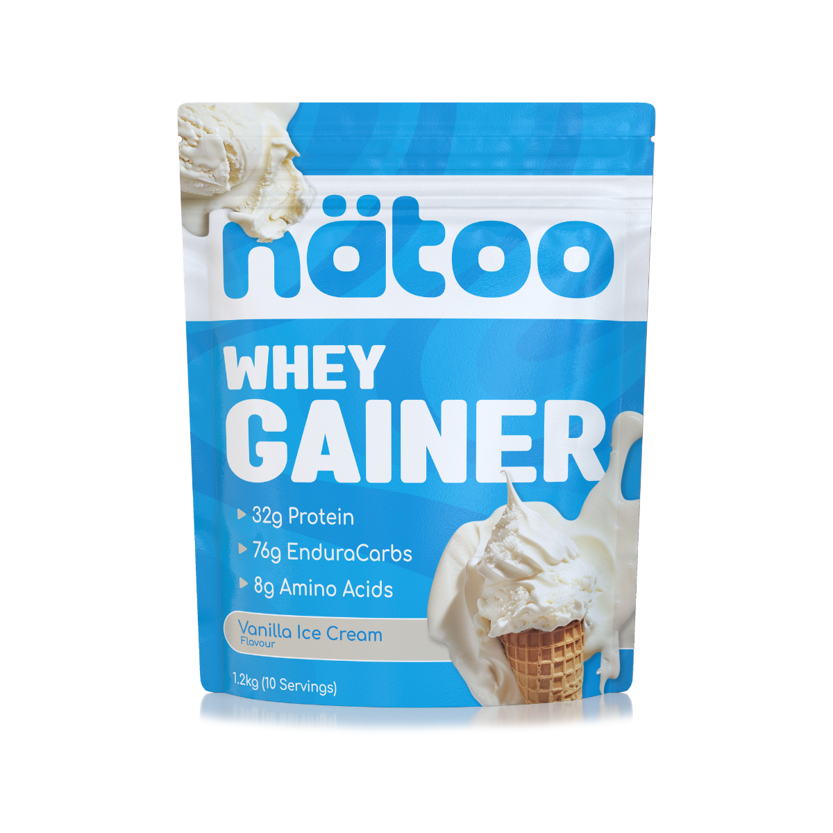 Whey Gainer Natoo gusto Vanilla Ice Cream mass gainer con proteine whey e carboidrati confezione frontale