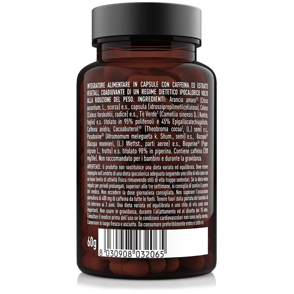 Etichetta laterale destra Nätoo Diet Boost con lista ingredienti botanicals, avvertenze caffeina ed EGCG e indicazioni d'uso nell'ambito di dieta ipocalorica