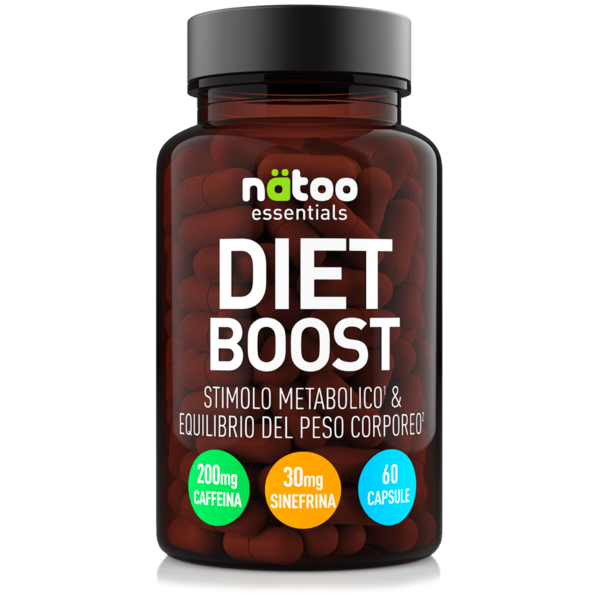Barattolo in vetro Nätoo Diet Boost Essentials – formula termogenica con caffeina 200mg, sinefrina 30mg e 8 ingredienti attivi, 60 capsule vegetali, vista frontale