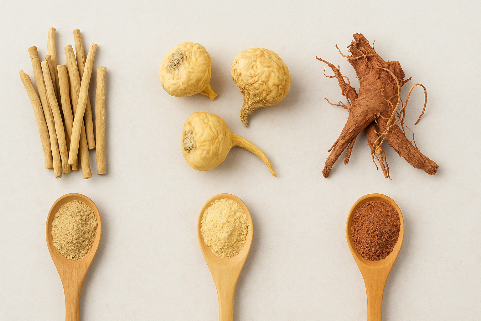 Adattogeni naturali contro la stanchezza: ashwagandha, maca e rhodiola in capsule