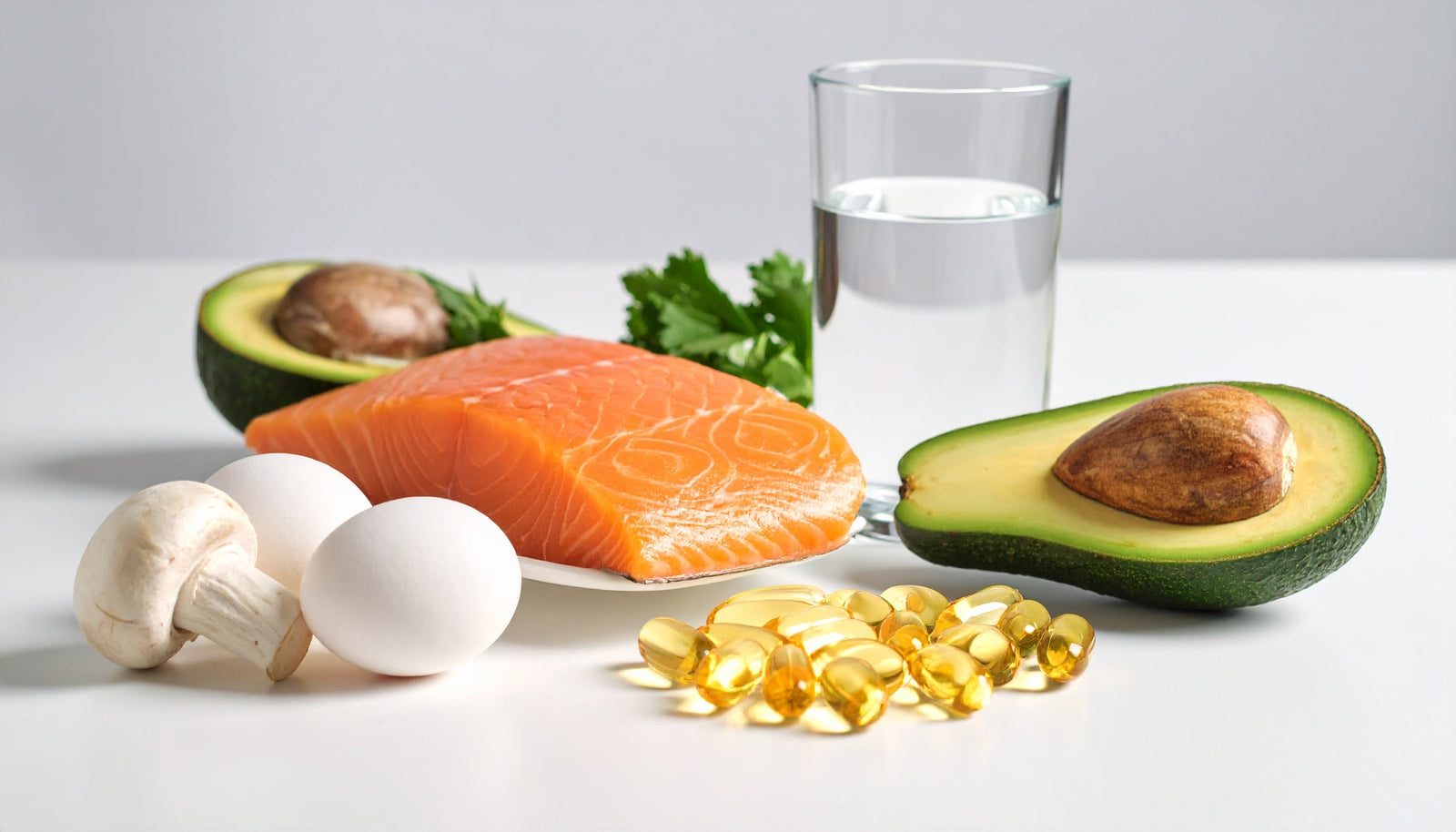 Flat lay su sfondo chiaro con alimenti ricchi di vitamina D: salmone, uova, funghi, avocado, un integratore in capsule e un bicchiere d’acqua. Composizione dallo stile naturale e salutare.