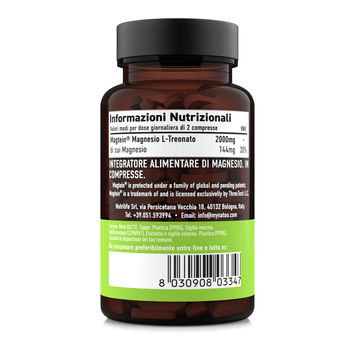Valori nutrizionali del Magnesio Treonato Magtein® MyNatoo – apporto di magnesio per dose giornaliera, formato 60 compresse