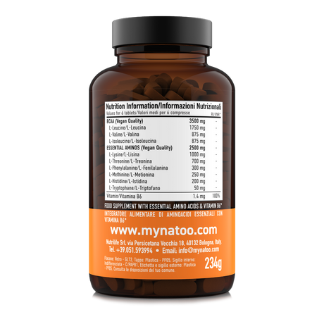 Retro confezione Aminoacidi Essenziali EAA Natoo con tabella dei valori nutrizionali