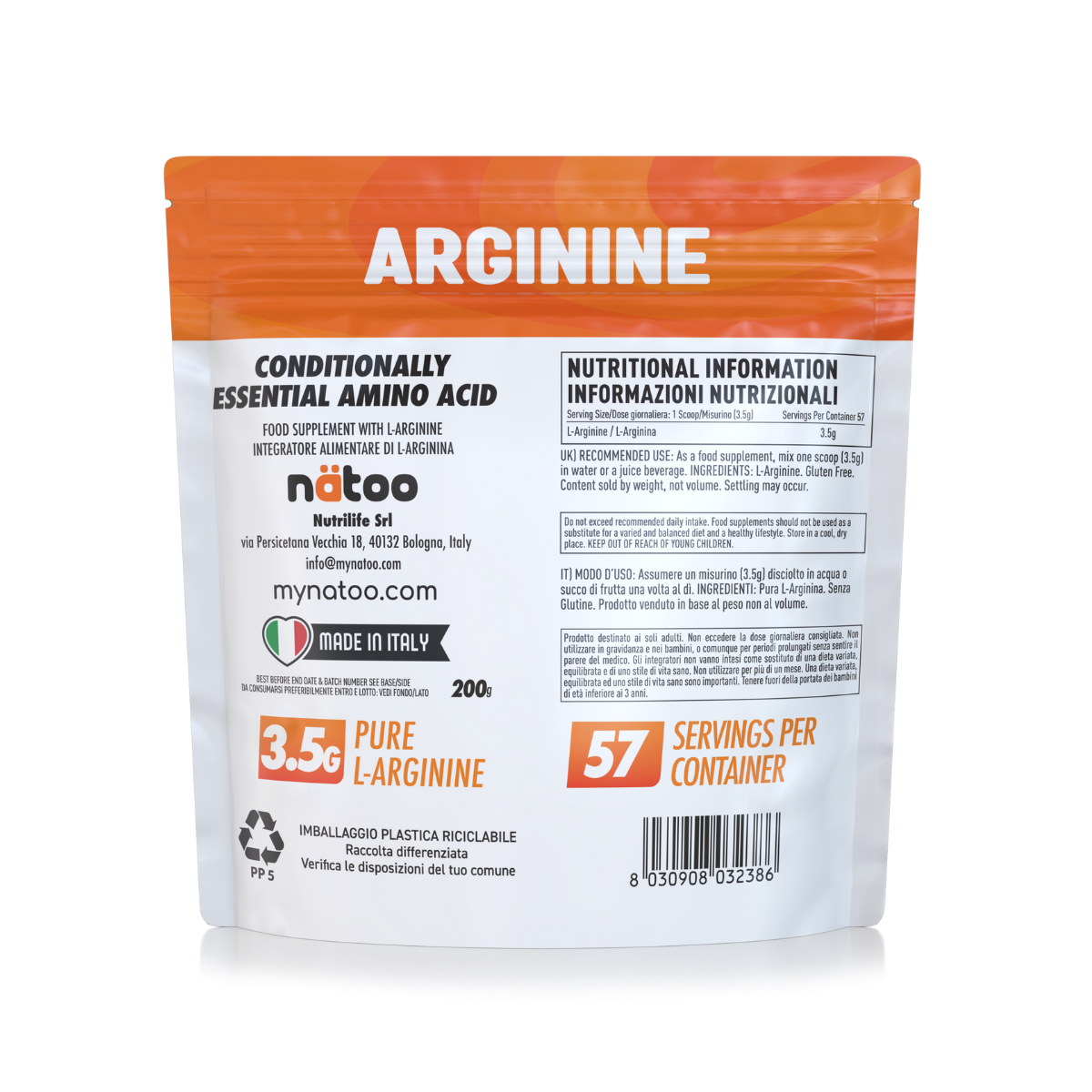 Confezione posteriore di arginina in polvere Natoo da 200 g con informazioni nutrizionali e modalità d’uso