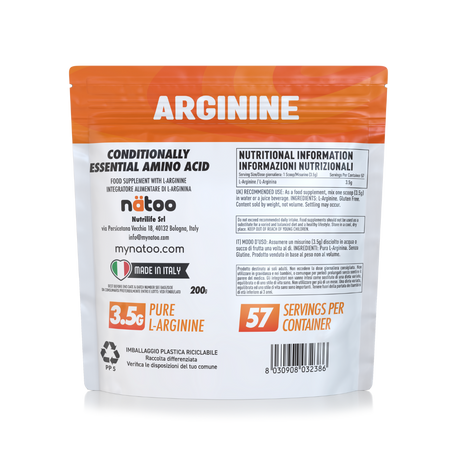 Confezione posteriore di arginina in polvere Natoo da 200 g con informazioni nutrizionali e modalità d’uso