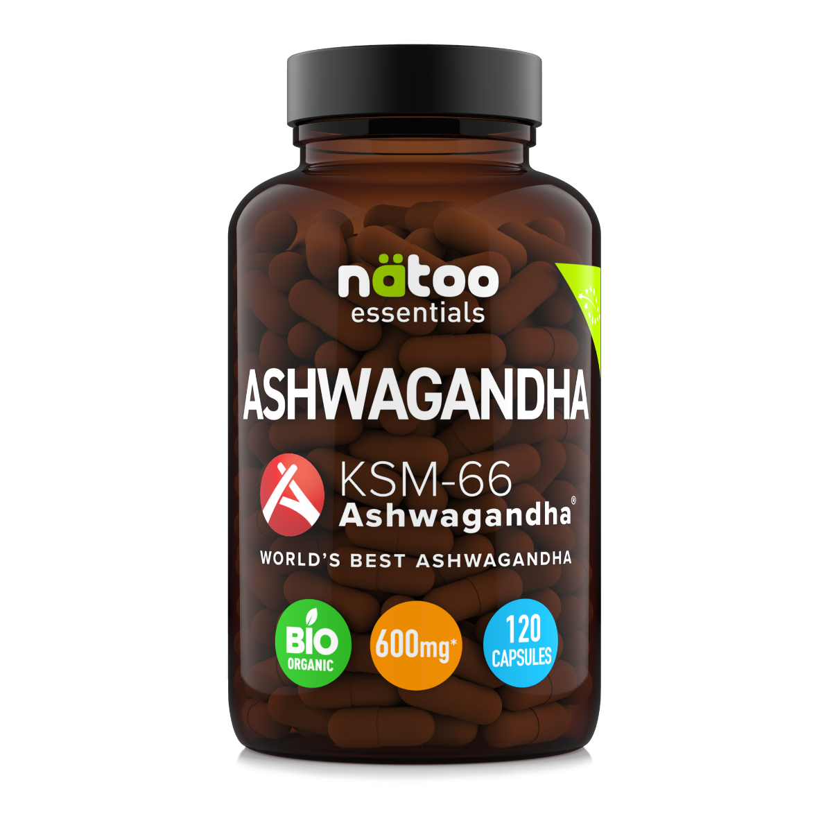 Barattolo fronte Ashwagandha BIO KSM-66 120 capsule Natoo – integratore naturale per stress, ansia e sonno