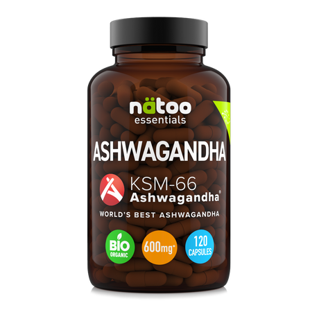 Barattolo fronte Ashwagandha BIO KSM-66 120 capsule Natoo – integratore naturale per stress, ansia e sonno