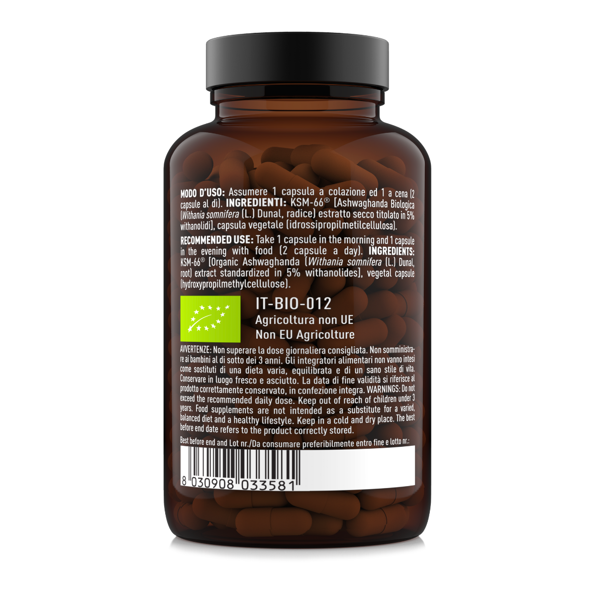 Retro etichetta Ashwagandha BIO KSM-66 120 capsule – ingredienti, dosaggio e indicazioni d’uso