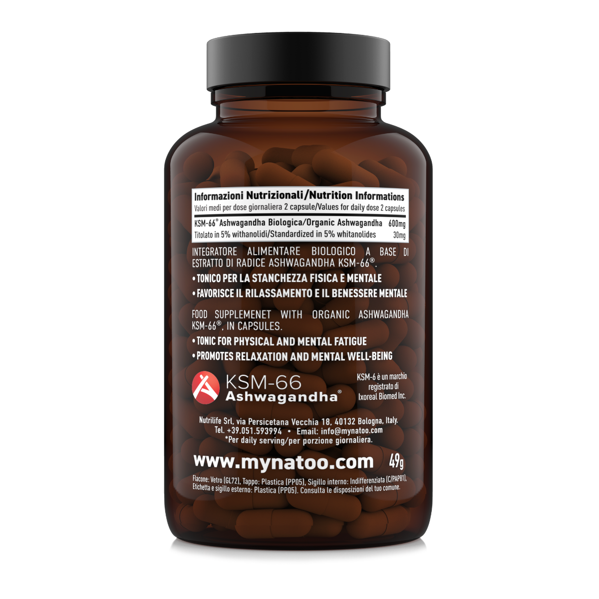 Retro etichetta Ashwagandha BIO KSM-66 120 capsule – tabella nutrizionale e benefici per equilibrio psicofisico