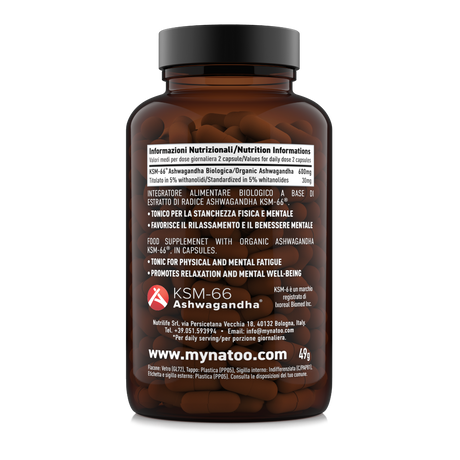 Retro etichetta Ashwagandha BIO KSM-66 120 capsule – tabella nutrizionale e benefici per equilibrio psicofisico