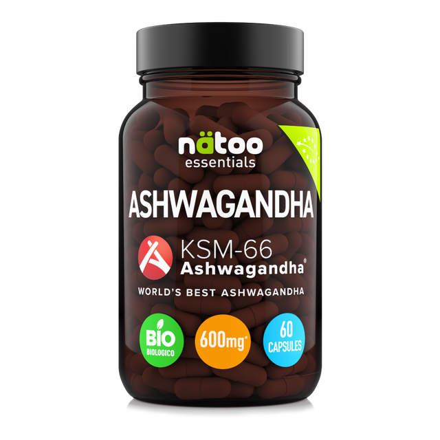 Barattolo fronte Ashwagandha BIO KSM-66 60 capsule Natoo – integratore adattogeno naturale anti-stress e ansia