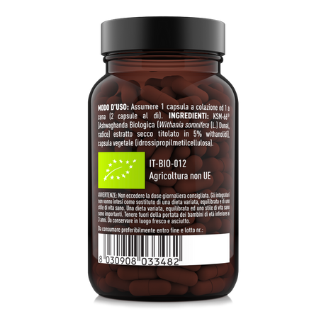 Retro etichetta Ashwagandha BIO KSM-66 60 capsule – ingredienti, modo d’uso e informazioni integratore