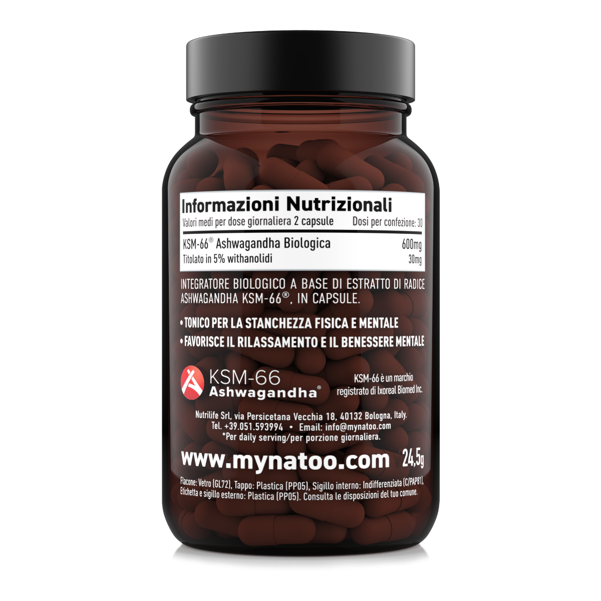 Retro etichetta Ashwagandha BIO KSM-66 60 capsule – valori nutrizionali e benefici naturali per stress e benessere mentale