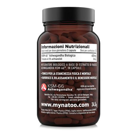 Retro etichetta Ashwagandha BIO KSM-66 60 capsule – valori nutrizionali e benefici naturali per stress e benessere mentale