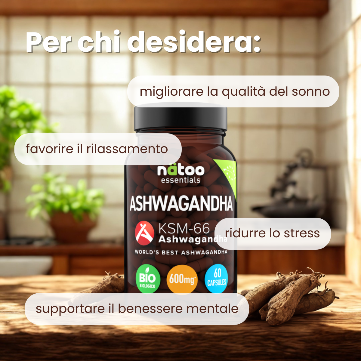 Infografica Ashwagandha BIO KSM-66 Natoo – integratore naturale per ridurre stress, favorire rilassamento, migliorare sonno e benessere mentale