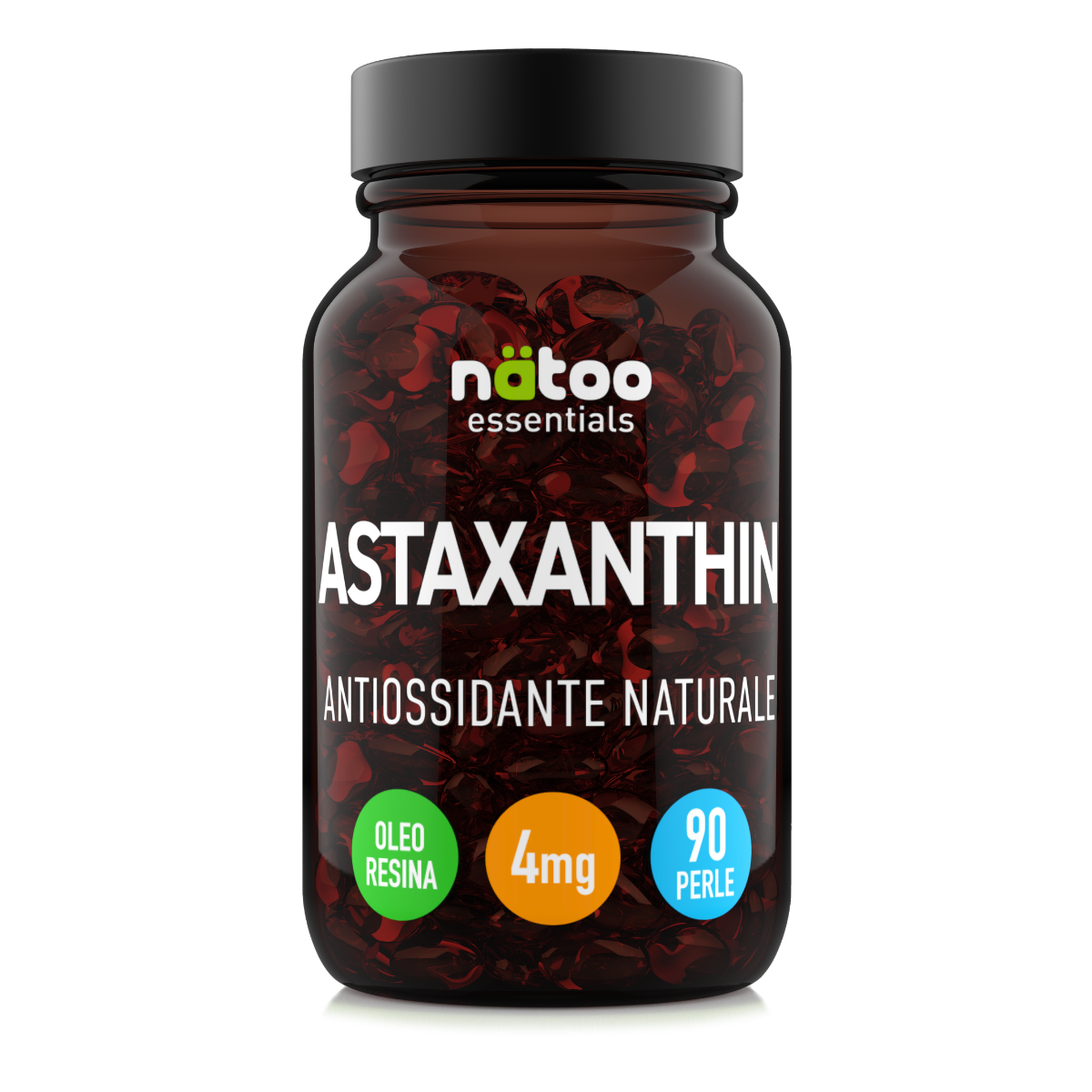 Astaxantina 4 mg oleoresina Natoo Essentials antiossidante naturale 90 perle softgel flacone frontale